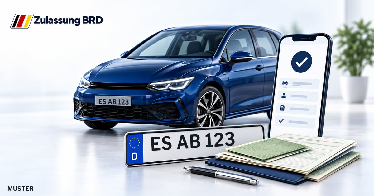 Online Fahrzeugzulassung in Esslingen a.Neckar: Musterkennzeichen ES AB 123, Auto und Fahrzeugpapiere und Smartphone. Illustration mit Logo von Zulassung BRD.